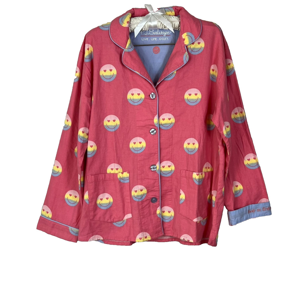 P.J. Salvage Flannel Pajama Top M Keep on Pink Smiley Long Sleeve Button Up